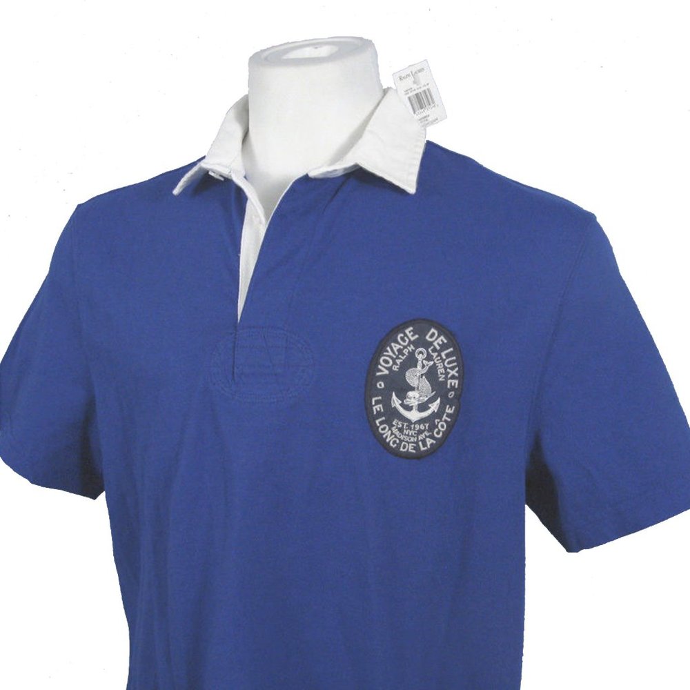 NEW VINTAGE POLO RALPH LAUREN SHORT SLEEVE RUGBY SHIRT!  L BLUE  NAUTICAL PATCH